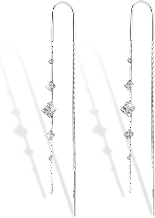925 Sterling Silver Threader Dangle Earrings for Women - Long Earrings Dangle Chain Drop Earrings Dangling, Dainty Elegant Dangly Ear Chain with Tassel and Cubic Zirconia for Prom Wedding Trendy Jewelry Accessories