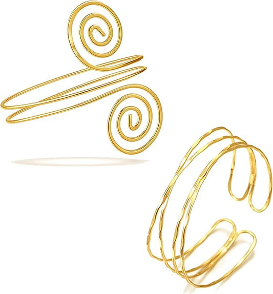BROCC 2PCS Gold Coil Swirl Upper Arm Bracelet for Women Open Upper Arm Cuff Bangle Armlet Gold Silver Adjustable Armband Bracelet Set