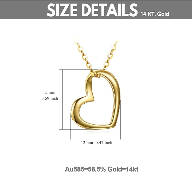 Solid 14k Gold Heart Necklace for Women, Fine Gold Love Jewelry Gifts for Wife/Mother/Girlfriend, Birthday Pesent for Her, 16+2 Inch