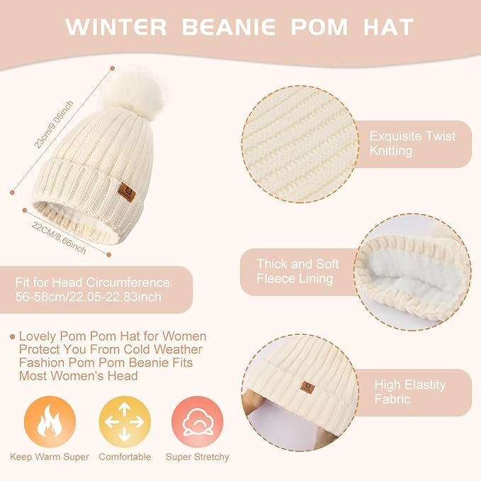 Womens Winter Beanie Hat Scarf Gloves Set Warm Knit Beanie with Pom Pom Long Scarf Touchscreen Gloves 3 in 1 Set