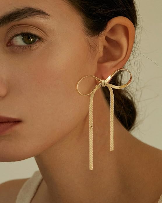 ASCOMY Gold Stud Earrings for Women - Dainty Bow 14K Gold/Silver Plated Pearl Earrings - Trendy Cute Ribbon Minimalist Jewelry Gifts for Her