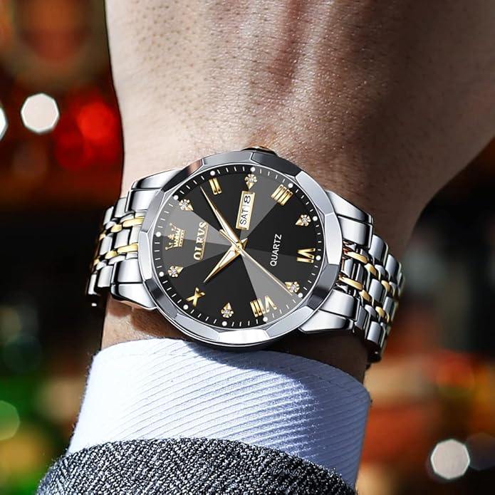 OLEVS Mens Watch Stainless Steel Analog Quartz Watches for Men Day Date Easy Read Diamond Waterproof Dress Luxury Classic Casual Big Face Blue/Black/Gold/Silver Roman Arabic Numerals Men's Wrist Watch