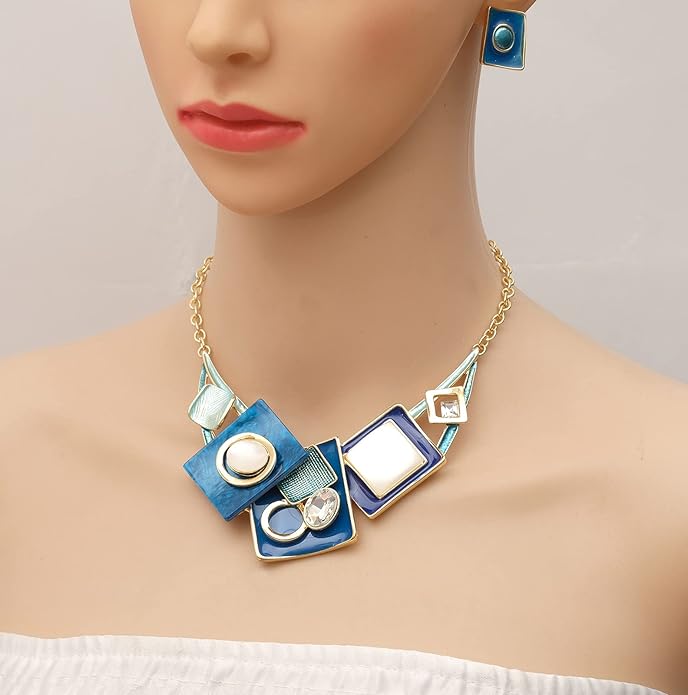CSY Fashion Boho Oval Crystal Opals Statement Bib Necklace Earrings Bohemian Enamel Costume Jewelry Set Gifts for Women