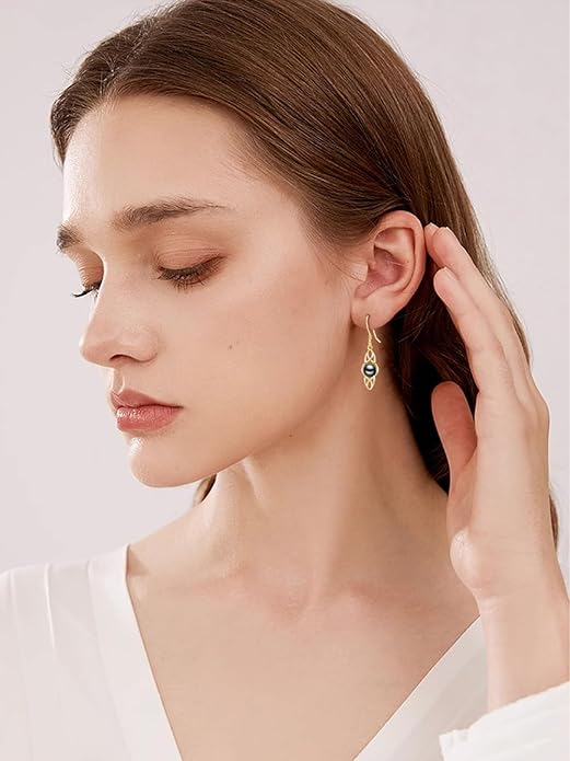 Tahitian Black Pearl AAAA 18K Gold Plated Sterling Silver Dangle Drop Earrings for Women Wife Mom Girlfriend Valentine Her Jewelry Gift for Anniversary Birthday Christmas