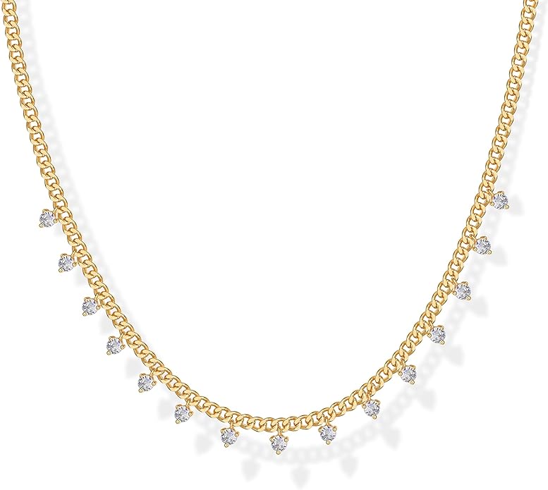 PAVOI 14K Gold Plated Station Necklace - Simulated Diamond Layering Necklaces - Womens CZ Chain
