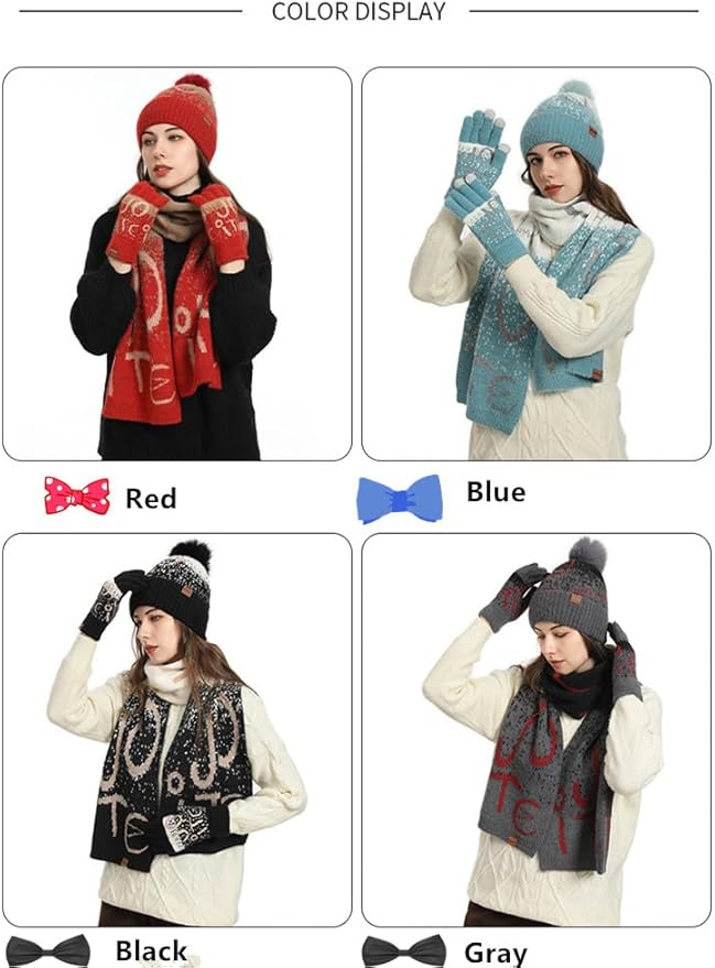 Winter Hat Scarf Gloves Set for Women Womens Knit Warm Hat Beanie Long Scarf Touchscreen Gloves Skull Caps Neck Scarves