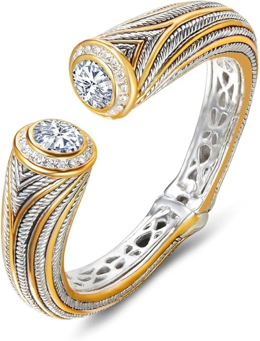 UNY JEWEL Jewelry Multi Strand Twisted Wire Cable Inlay 12mm CZ Vintage Antique Two Tone Elegant Designer Inspired Unique Spring Open Cuff Bangle