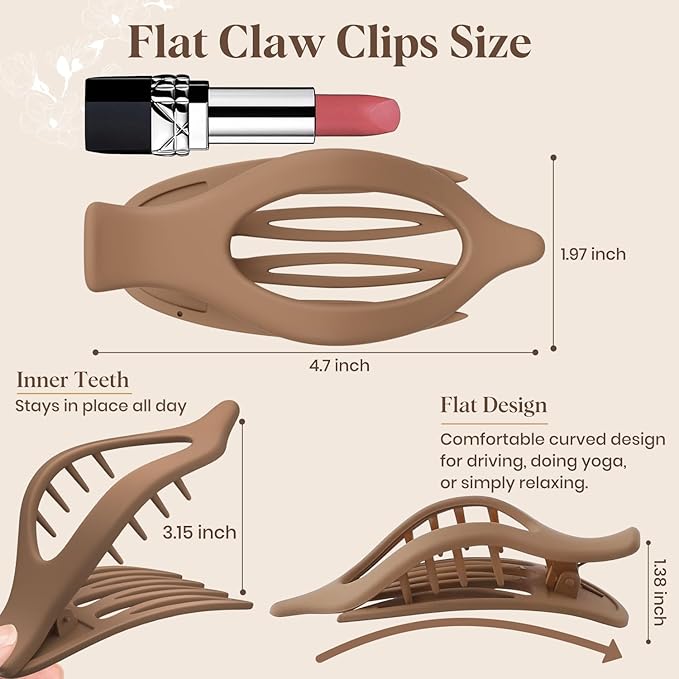 6 PCS Large Flat Hair Clips for Women Girls, French Concord Lay Down Claw Clips for Thick Thin Hair, Comfortable Curved Flat Hair Clips, Matte Non-slip Strong Hold Hair Accessories, Neutral