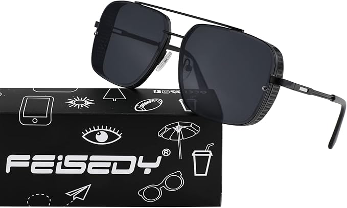 FEISEDY Sunglasses Mens Women Vintage Pilot Square Trendy Metal Steampunk Fishing Driving Sun Glasses B2894