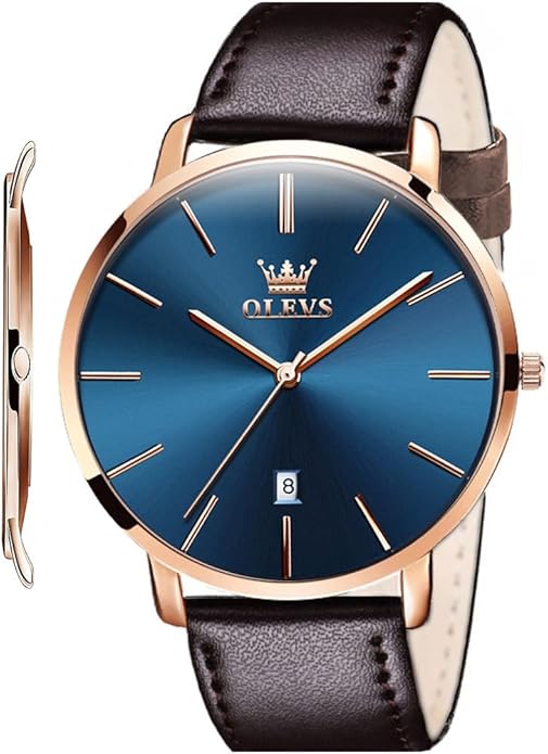 OLEVS Mens Watches Minimalist Ultra Thin Fashion Casual Analog Quartz Date Watch Waterproof Slim Simple Big Face Dress Wrist Watch Leather Band for Men