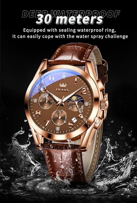 OLEVS Men's Watches Brown Leather with Date,Casual Watches for Men,Large Face Watches Men,Chronograph Mens Watch,Sport Waterproof Business Dress Analog Quartz Men's Wrist Watches Reloj De Hombre