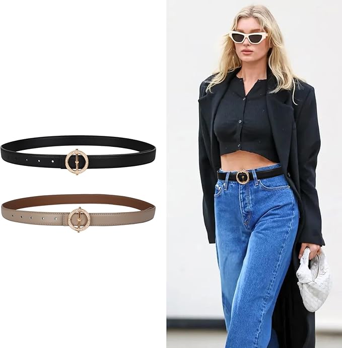 Women's Fashion Classic Metal Buckle Leather Belt with Jeans Dress