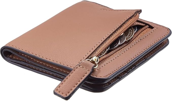 Genuine Leather Wallet for Women Slim Bifold RFID Blocking Secure with Zipper Closure and ID Window (Brown)