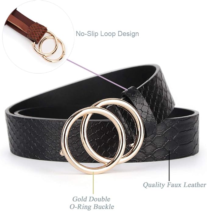 UnFader Pack 2 Women Belts for Jeans with Fashion Double O-Ring Buckle and Faux Leather