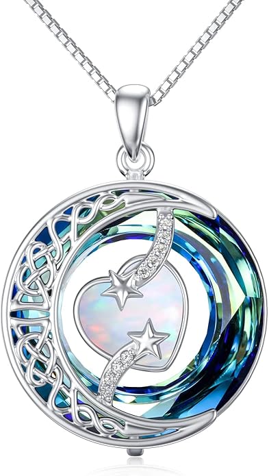 TOUPOP Birthstone Necklace 925 Sterling Silver Moon and Star Pendant with Blue Crystal Celtic Moon Jewelry Birthday Valentines Day Gifts for Women Mom Wife Her