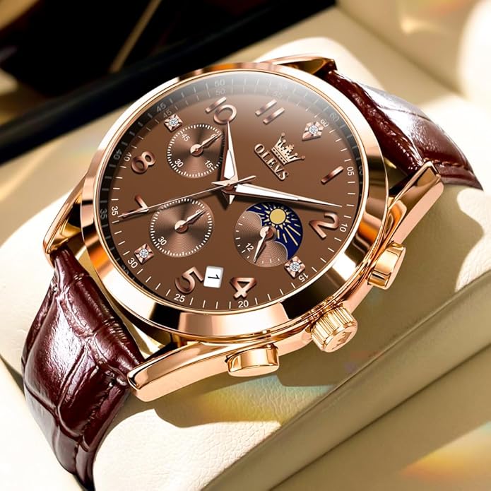 OLEVS Men's Watches Brown Leather with Date,Casual Watches for Men,Large Face Watches Men,Chronograph Mens Watch,Sport Waterproof Business Dress Analog Quartz Men's Wrist Watches Reloj De Hombre