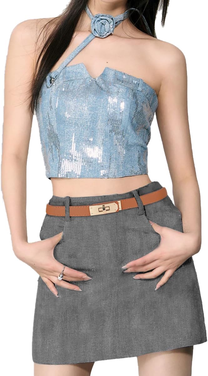 Women's Fashion Classic Metal Buckle Leather Belt with Jeans Dress