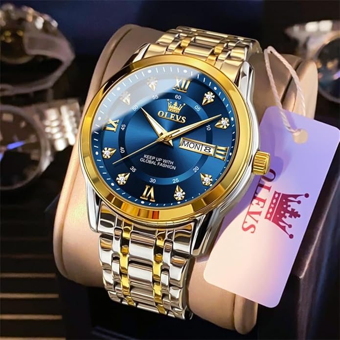 OLEVS Classic Men Watches with Date,Stainless Steel Man Watch with Date, Bussiness Watches for Men,Luminous Quartz Mens Watches Black/White/Blue/Gold, Waterproof Male Watch with Week