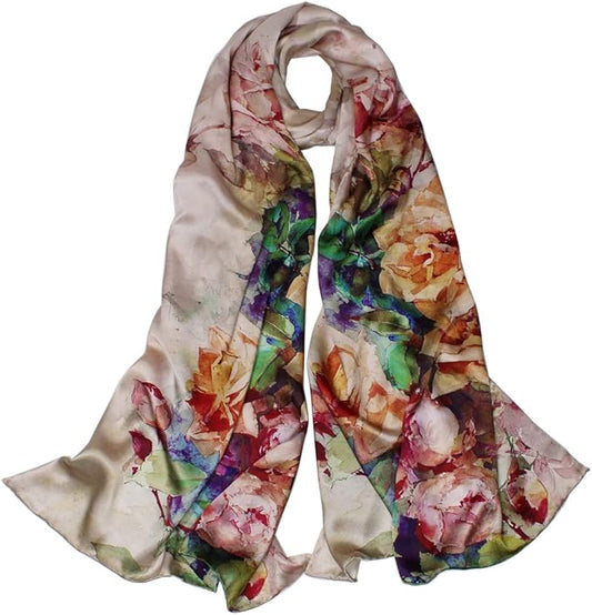 100% Mulberry Silk Scarfs for Women Floral Print Satin Long Scarf for Headscarf Hair Wraps Shawl with Gift Packed