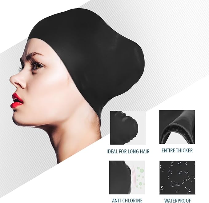 Womens Silicone Swim Cap for Long Hair,3D Ergonomic Design Silicone Swimming Caps for Women Kids Men Adults Boys Girls with Ear Plug and Nose Clip