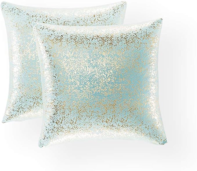 Xinrjojo Pack of 2, Shiny Cushion, Decorative Pillow Covers, Soft Square Throw Pillow Covers, Solid Color Cushion Covers, Pillow Cases for Sofa Bedroom Car 22 x 22 Inch (Bronzing- Lake Blue)