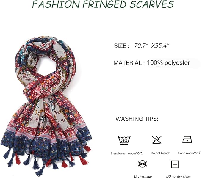 Yeieeo Boho Scarf for Women Lightweight Floral Printed Scarf Fall Winter Fashion Fringed Shawl