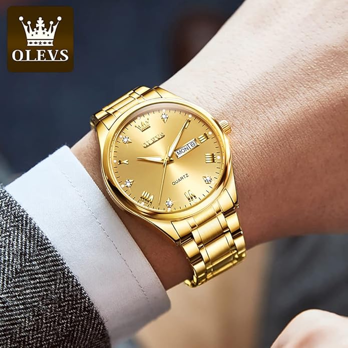 OLEVS Classic Men Watches with Date,Stainless Steel Man Watch with Date, Bussiness Watches for Men,Luminous Quartz Mens Watches Black/White/Blue/Gold, Waterproof Male Watch with Week