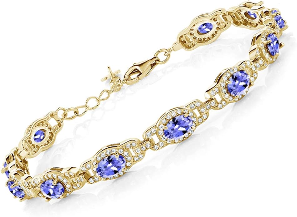 Gem Stone King 18K Yellow Gold Plated Silver Oval Gemstone Birthstone Tennis Bracelet For Women | Oval 6X4MM | 7 Inch With 1 Inch Extender | Fine Jewelry Gifts for Her Mom Women Wife
