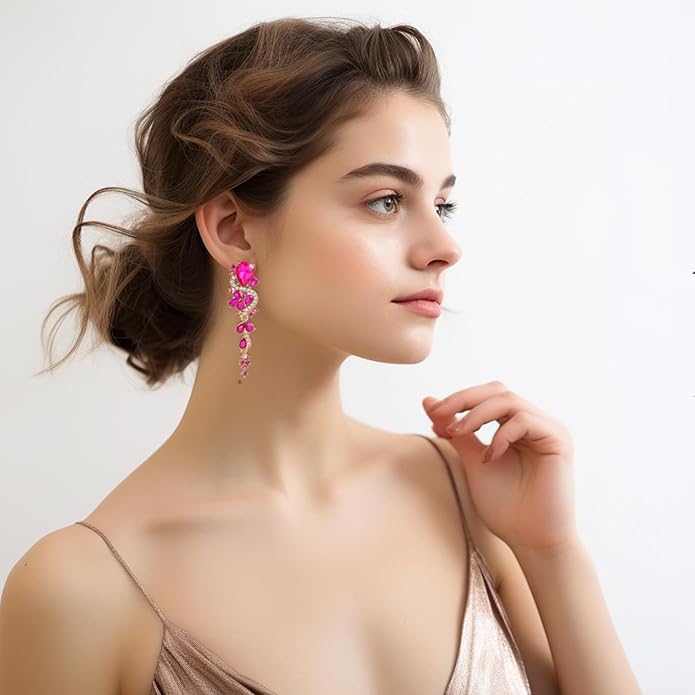 Fashion Rhinestone Statement Drop Dangle Earrings Long Colorful Crystal Bridal Wedding Teardrop Chandelier Earrings for Women Prom Pageant