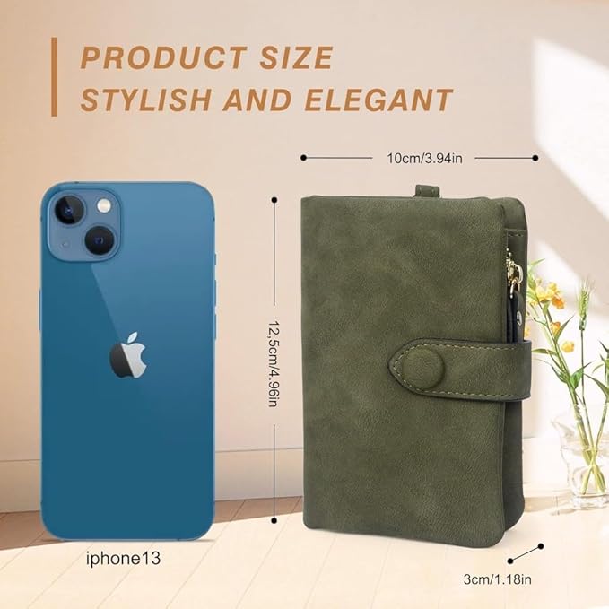 Women's Leather Wristlet Wallet, Bifold RFID Purse with ID Window, Zipper Coin Pocket for Daily Essentials (Olive green)