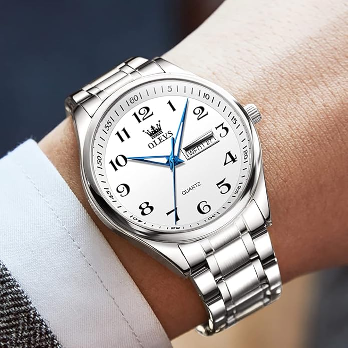 OLEVS Mens Watch Stainless Steel Analog Quartz Watches for Men Day Date Easy Read Diamond Waterproof Dress Luxury Classic Casual Big Face Blue/Black/Gold/Silver Roman Arabic Numerals Men's Wrist Watch