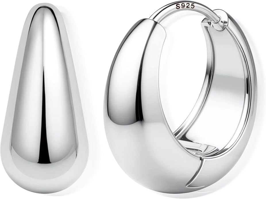 14K Gold Plated Small Chunky Hoop Earrings Sterling Silver Post - Hypoallergenic Trendy Thick Lightweight Silver Plated Huggie Hoops Dainty Hoop Earrings for Women Non Tarnish Jewelry Gifts