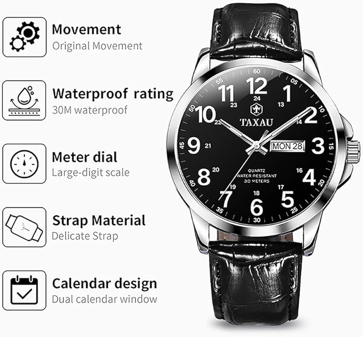 Watches for Men Leather Large Arabic Numerals Mens Watches Waterproof Band with Date Quartz Men's Wrist Watch