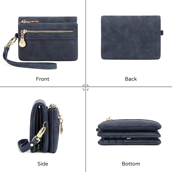 Women's Vintage Genuine Leather Handbag Wallet Dark Billfold Purse with Snap Closure for Daily Essentials (Black)