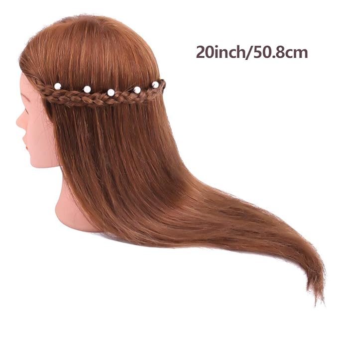 Mannequin Head with 100% Human Hair, SZCY LLC 18" Dark Brown Real Hair Cosmetology Mannequin Head Hair Styling Hairdressing Practice Training Doll Heads with Clamp Holder and Tools