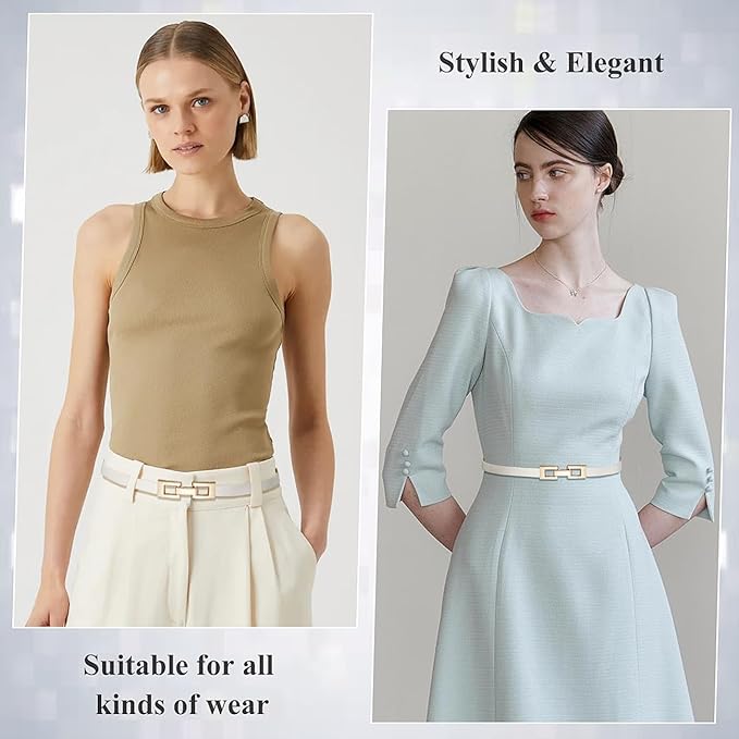 Glamorstar Skinny Belts for Women Thin PU Leather Waist Belt with Gold Buckle for Dresses
