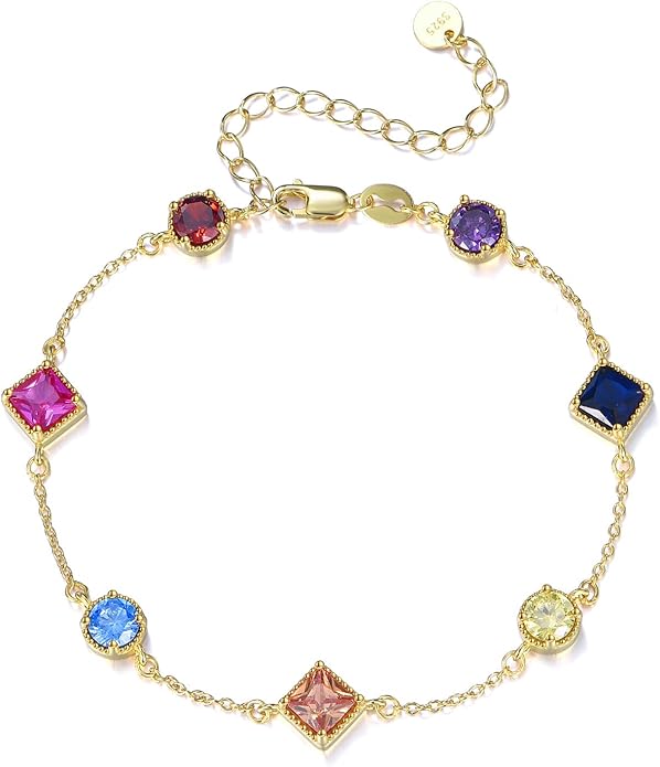 Birthstone Bracelet for Women, 925 Sterling Silver Plated 18k Gold Round/Square-Cut 5A Colored Cubic Zirconia Bracelet, Exquisite Jewelry Anniversary Birthday Gift for Wife Mother 7+2 "