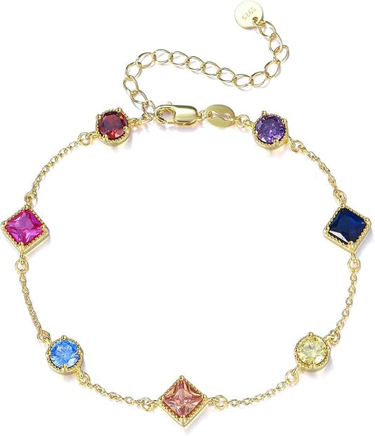 Birthstone Bracelet for Women, 925 Sterling Silver Plated 18k Gold Round/Square-Cut 5A Colored Cubic Zirconia Bracelet, Exquisite Jewelry Anniversary Birthday Gift for Wife Mother 7+2 "