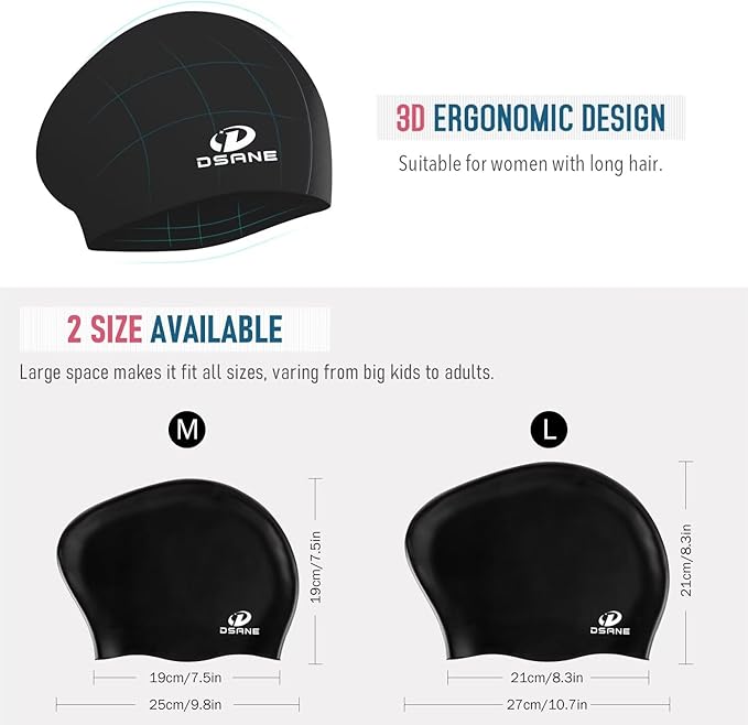 Womens Silicone Swim Cap for Long Hair,3D Ergonomic Design Silicone Swimming Caps for Women Kids Men Adults Boys Girls with Ear Plug and Nose Clip