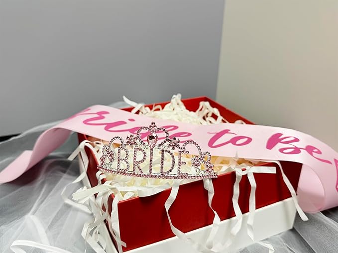 JETKONG 3 Pcs Bachelorette Party Decorations BRIDE Crown, Bride to Be Sash&Veil for Women Bachelorette Party Gifts, Bridal Shower Supplies, Gifts, Favors (Pink)