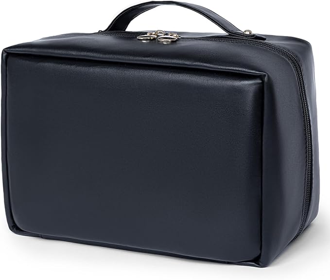 Travel Makeup Organizer Bag, Large Capacity Cosmetic Bags with Multiple Compartments, Open-Flat Toiletry Bag Portable Waterproof Pouch for Women Beauty Essentials (Black)
