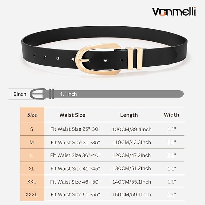 VONMELLI Women's Soft Faux Leather Belt for Jeans Pants Dress Fashion Ladies Waist Belt with Gold/Silvery Buckle