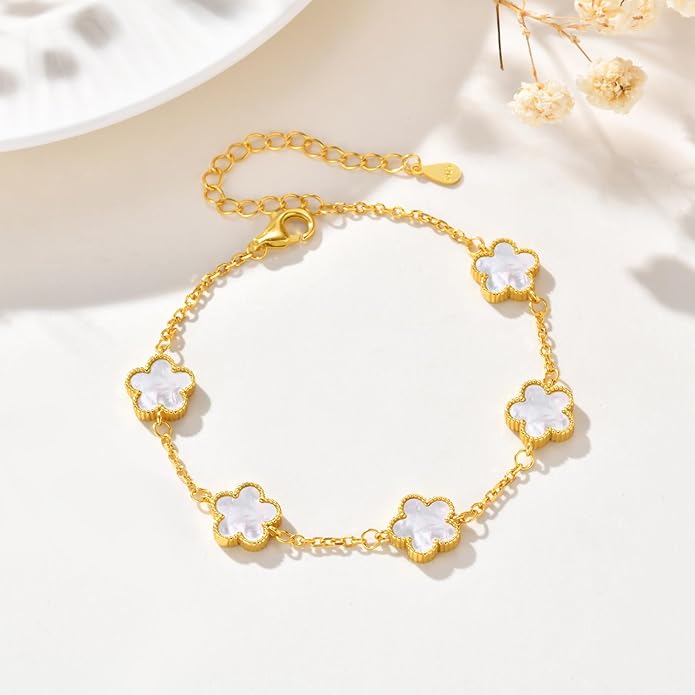 925 Sterling Silver Four Leaf Clover Bracelet for Women - 14K Gold Plated Flower Four Leaf Women's Lucky Bracelet Adjustable Link Chain Bracelets Charm Trendy Design Dainty Jewelry Gifts for Women