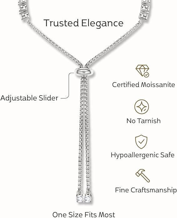 LOVE&LOVE Moissanite Tennis Bracelet for Women, Adjustable Bracelet 925 Sterling Silver 3/4mm D VVS1 Round Cut, Luxury Jewelry Gift for Wife Mom Girlfriend Birthday Anniversary