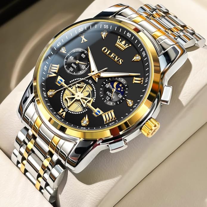 OLEVS Men Silver Watches,Men's Stainless Steel Chronograph Watch,Man Analog Quartz Big Face Male Watches Luxury Waterproof Roman Numeral Dress Diamond Relojes para Hombre