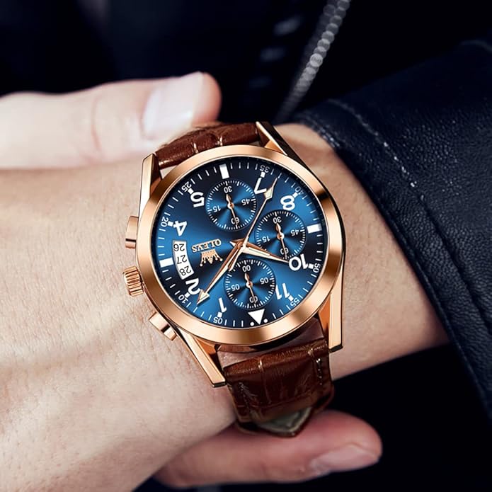 OLEVS Men's Watches Brown Leather with Date,Casual Watches for Men,Large Face Watches Men,Chronograph Mens Watch,Sport Waterproof Business Dress Analog Quartz Men's Wrist Watches Reloj De Hombre