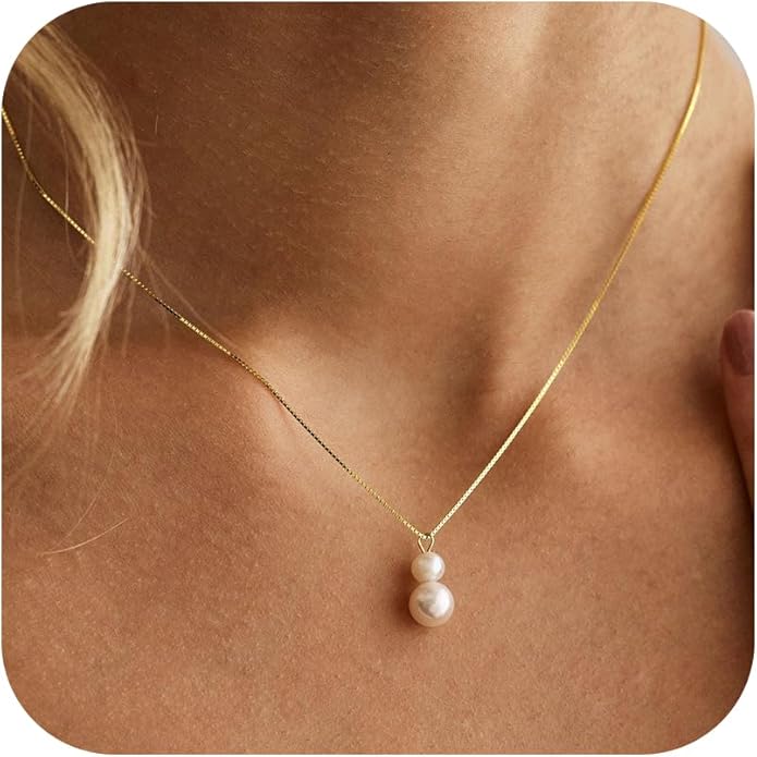 Valentines Day Gifts for Her - 14K Gold Plated Pearl Necklaces for Women Trendy Dainty Necklace Simple Layered Pearl Necklaces for Women Trendy Wedding Birthday Valentines Jewelry