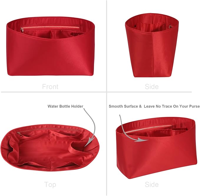 Purse Organizer Insert For Handbags, Silk Purse Organizer with Zipper, Silky Smooth, Bag Organizer For Speedy Neverfull Tote,onthego,Artsy, 6 Sizes (Slender Large, Silky Red)