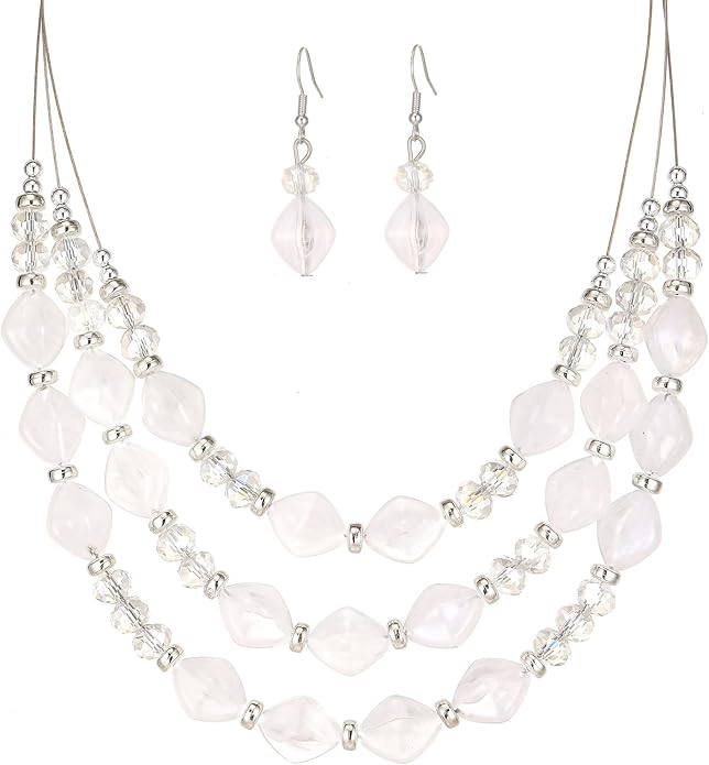 3 Layered Chunky Statement Necklace for Women Beaded Strand Necklaces with Earring Fashion Costumes Collar Necklace Jewelry Sets Gifts for Women