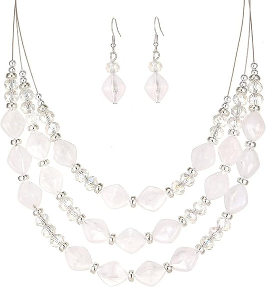 3 Layered Chunky Statement Necklace for Women Beaded Strand Necklaces with Earring Fashion Costumes Collar Necklace Jewelry Sets Gifts for Women
